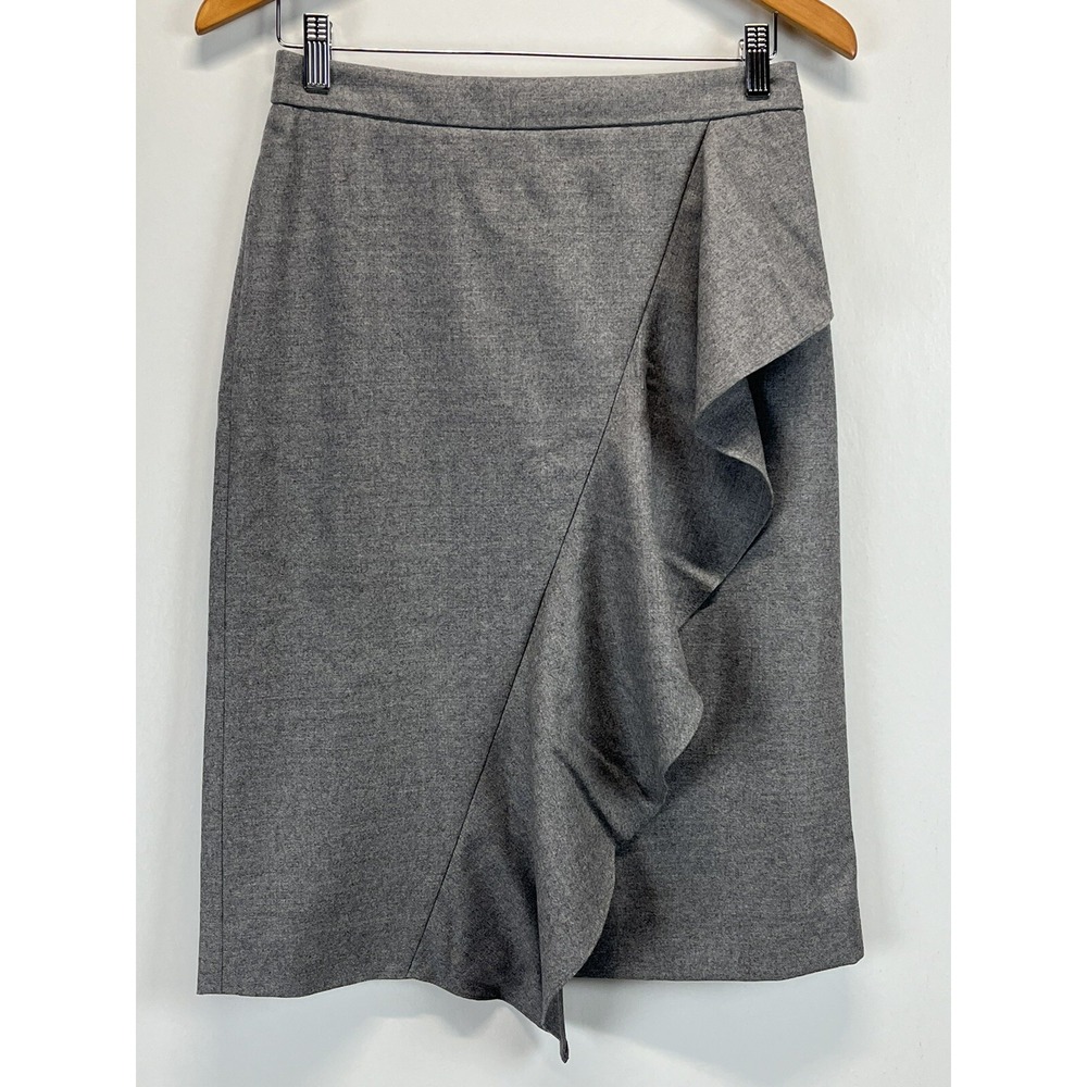 J. Crew 100% Wool Gray Skirt Sz 4 VGUC Ruffle Knee Length Career Capsule Classic